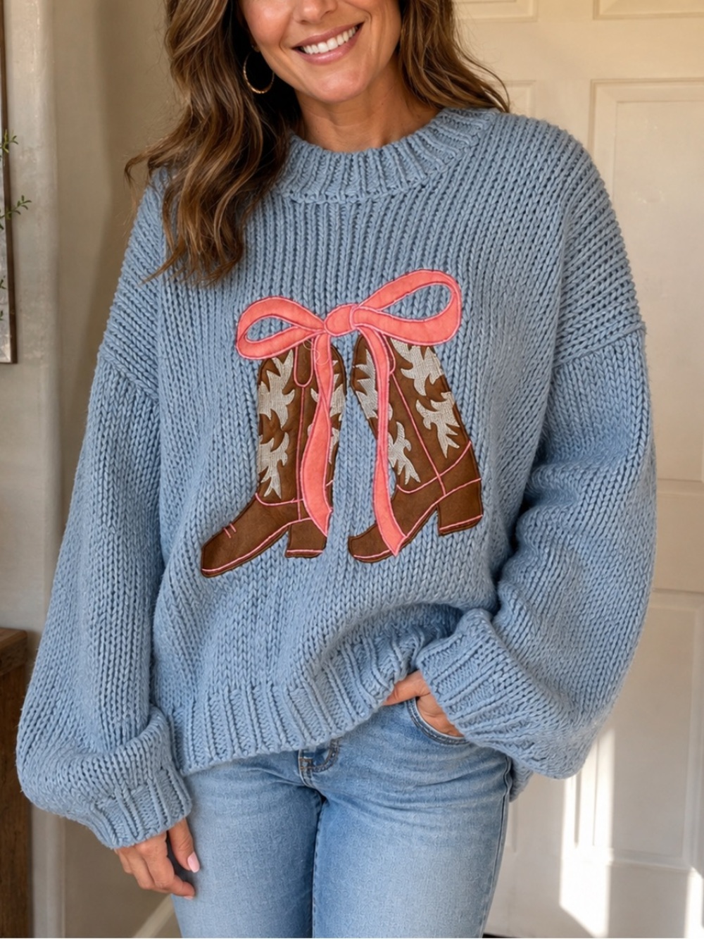 NWT Baevely Blue Knit Crewneck Sweater with Boot & Pink Bow Applique